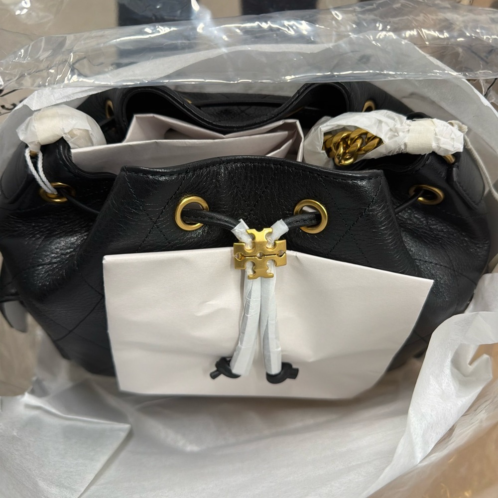 Tory Burch Black small drawstring charlie Shoulder Bucket Bag with Gold Hardware
